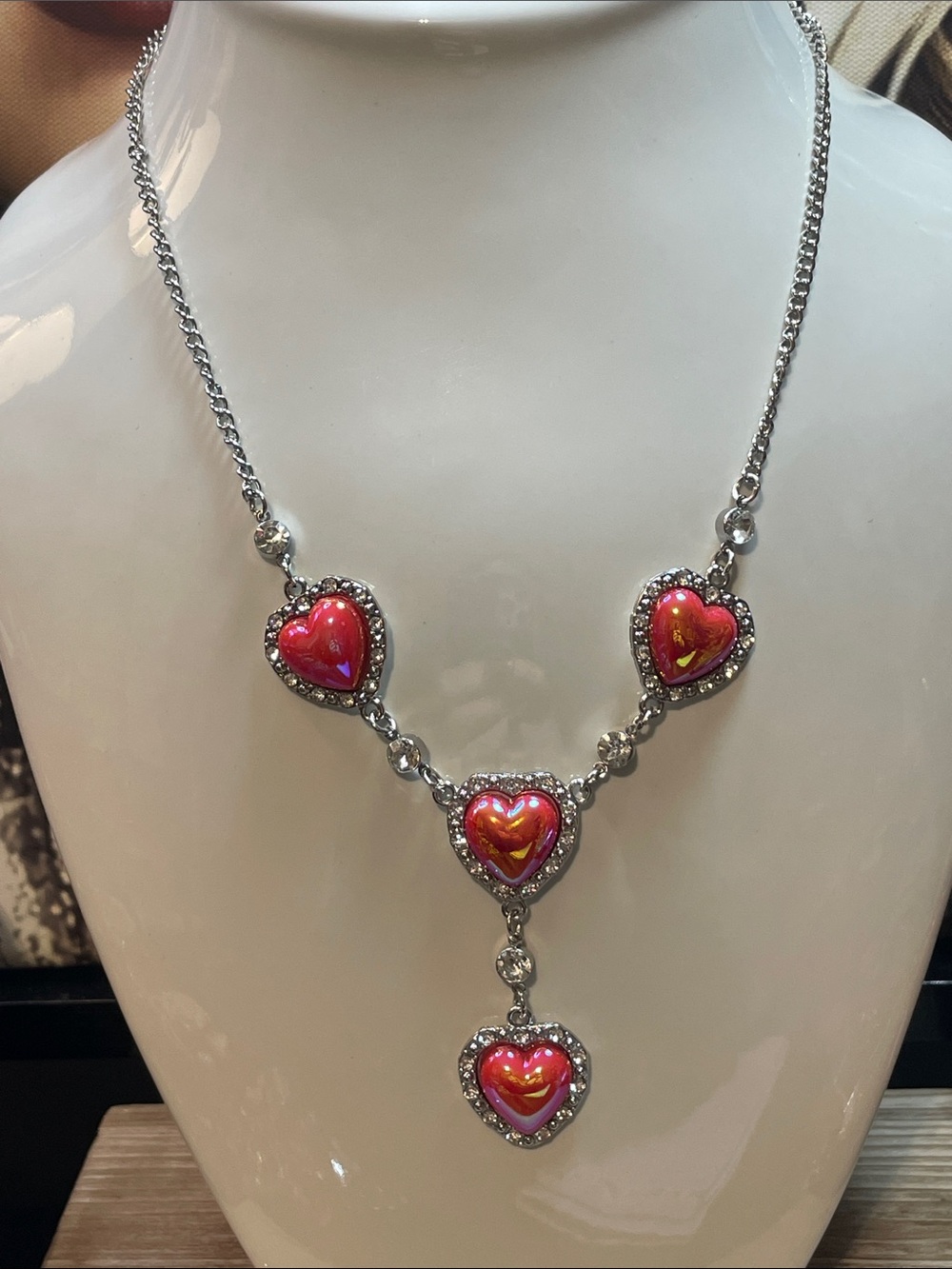Silver-tone Heart Pendant Necklace with Pink Heart Accents